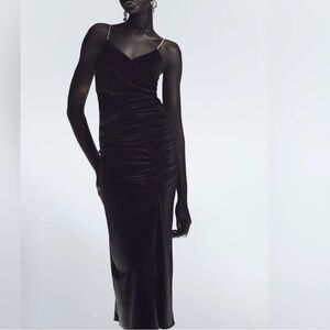 Zara Size XS Elegant Black Velvet Midi Dress w/ Rhinestone Silver Straps & Slit